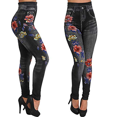Hustar Womens Sexy Imitated Denim Jeans Leggings Jeggings Skinny Pants High Waisted Printed Flowers Pants Black