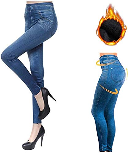 Aventy Thermal Fleece Lined Denim Jeggings - Women's High Waist Thick Stretchy Denim Printed Denim Look Ripped Skinny Legging Jeggings Pants (Blue, L)