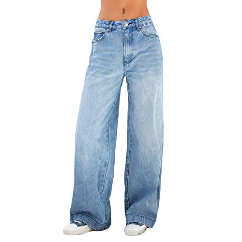 FeMereina Women Loose Boyfriends Jeans High Waist Baggy Denim Pants Wide Leg Straight Trousers Vintage Streetwear (A, L)