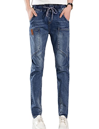 PHOENISING Womens Boyfriend Style Drawstring Retro Fabric Jeans Size Light Blue 14 Waist 33inch