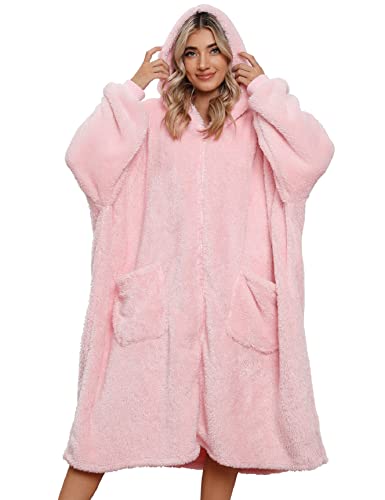 Nadeer Oversized Hoodie Blanket, Wearable Blanket sweatshirt, Ultra Soft Sherpa Fleece Comfy Hoodie, Zipper Giant Fluffy Jumper, One Size Fits All Women Girls Adults Men Boys(Pink,One Size)