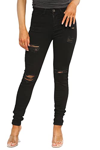 989Zé ENZO EZL417 Womens Jeans Skinny Stretch Ripped Trousers Ladies Denim Slim Fit Pants with Rips Waist Sizes UK 8-20 (18, Black)