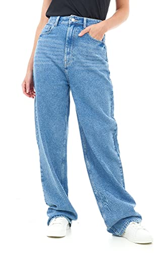 M17 Womens Ladies Denim Jeans Straight Leg High Rise Comfy Casual Cotton Trouser Pants with Pockets (14, Mid Blue)