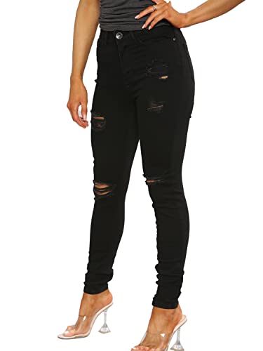 989Zé ENZO EZL417 Womens Jeans Skinny Stretch Ripped Trousers Ladies Denim Slim Fit Pants with Rips Waist Sizes UK 8-20 (18, Black)