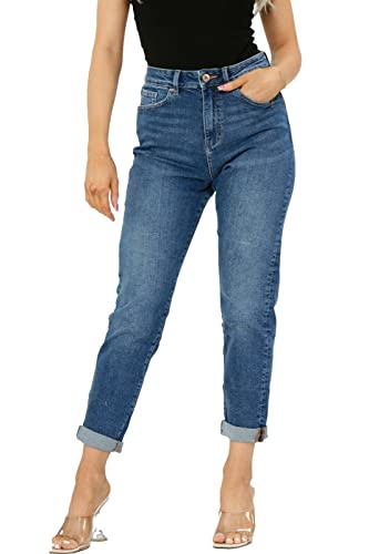 Ex M&S Mom Jeans High Waisted for Women UK, Ladies Ankle Grazer Relaxed Fit Jean Dark Blue