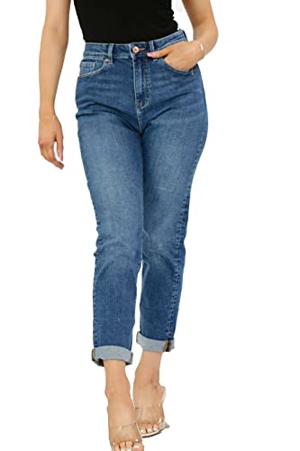 Ex M&S Mom Jeans High Waisted for Women UK, Ladies Ankle Grazer Relaxed Fit Jean Dark Blue
