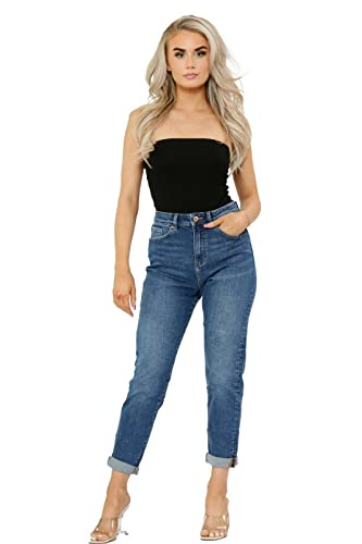 Ex M&S Mom Jeans High Waisted for Women UK, Ladies Ankle Grazer Relaxed Fit Jean Dark Blue