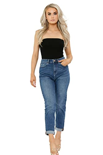 Ex M&S Mom Jeans High Waisted for Women UK, Ladies Ankle Grazer Relaxed Fit Jean Dark Blue
