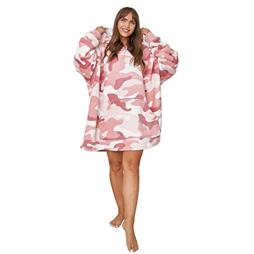 Dreamscene Camo Oversized Hoodie Blanket Soft Plush Sherpa Fleece Wearable Warm Throw Cosy Giant Sweatshirt - Blush Pink White