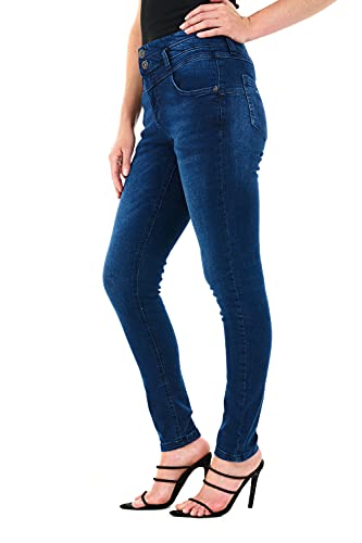M17 Women's 5.06E+12 Women Ladies High Waisted Denim Jeans Double Button Casual Cotton Trousers Pants with Pockets 1, Mid Wash Blue, 18 UK