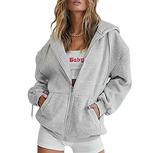 Women 's Oversized Full Zip Drawstring Hoodies Sweatshirts Long Sleeve Y2K E-Girl Pullover Jackets with Pockets (Grey, Medium)