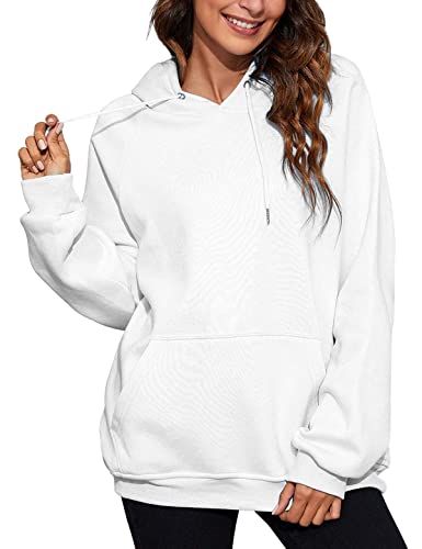 heekpek Womens Hoodie Sweatshirts Casual Long Sleeve Pullover Tops Ladies Drawstring Hooded Oversized Sweater Loose Blouse Plain Jumper with Pockets Round Neck Autumn Winter(White-1,XL)