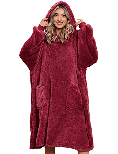 UMIPUBO Blanket Sweatshirt Oversized Sherpa Hoodie Super Soft Warm Comfortable Sherpa Giant Hooded Blanket with Pocket One Size Fits All, Men, Women, Girls, Boys, Friends(Wine Red, One Size)
