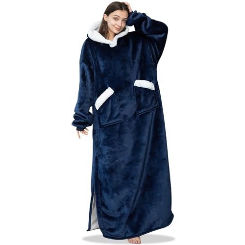 Protado Hoodie Blanket, Oversized Ultra Soft Sherpa Fleece Wearable Blanket Hoodie, Warm Cosy Big Giant Blanket Sweatshirt Throw with 2 Pockets for Women Men Teens (Navy Blue)
