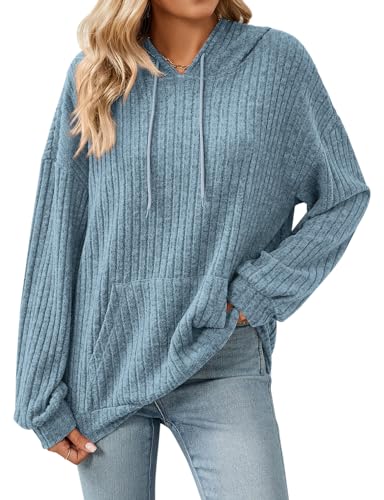 Gemulate Women's Long Sleeve Oversized Hoodie & Sweatshirt Casual Loose Lightweight Jumpers Striped Sweater Pullover Light Blue XX-Large