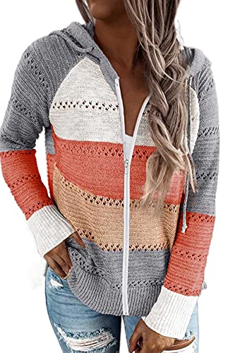 GOLDPKF Thermal Tops Womens Long Sleeve Ladies Jumpers Size 24 Hoodie Blanket Oversized Sweatshirt Women's Activewear Sets Casual Striped Jumper Winter Tops Gray M UK 10 UK 12