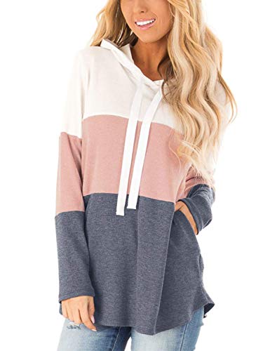 Blooming Jelly Womens Striped Hoodies Color Block Long Sleeve Tunic Sweatshirt Drawstring Jumper Tops with Pockets Pink