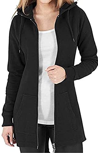 Tuopuda Womens Long Hoodies Zip Up Plain Hoodie Long Sleeves Ladies Fleece Longline Hoodie Sweatshirts Casual Loose Hooded Coat Zipper Plus Size Tops Pullover Jacket with Pockets(Black,L)