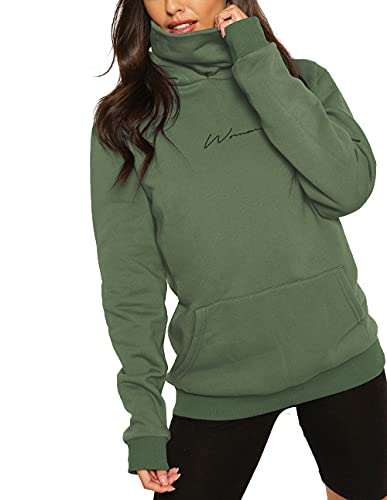 ELFIN Women's Long Sleeve Casual Hooded Sweatshirts Cowl Neck Jumper Top Outwear Pullover Hoody Black Green XXL