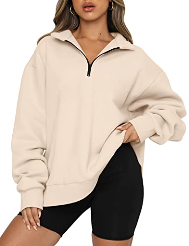 Famulily Ladies Oversized 1/4 Zipper Pullover Sweatshirt Long Sleeve Stand Collar Autumn Thermal Hoodie Tops Beige XL
