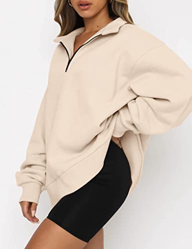 Famulily Ladies Oversized 1/4 Zipper Pullover Sweatshirt Long Sleeve Stand Collar Autumn Thermal Hoodie Tops Beige XL