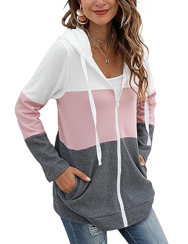 iChunhua Womens Cozy Zip Up Hoody Tops Oversized Jacket Patchwork Hoodies Size 16 Pink X-Large