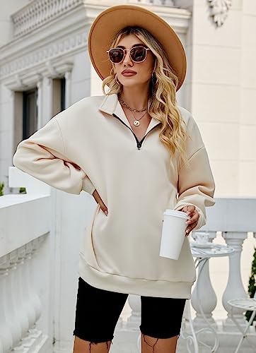 Famulily Ladies Oversized 1/4 Zipper Pullover Sweatshirt Long Sleeve Stand Collar Autumn Thermal Hoodie Tops Beige XL