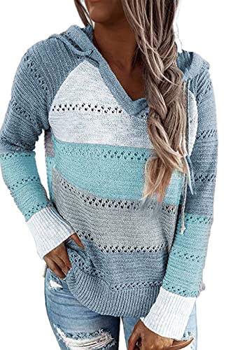 KINGFEN Tops For Women Long Sleeve Womens Hoodies Autumn Fashion Stiped Ladies Jumpers Knitted Oversized Sweatshirt For Womens Uk Blue Size M (Uk10-12)