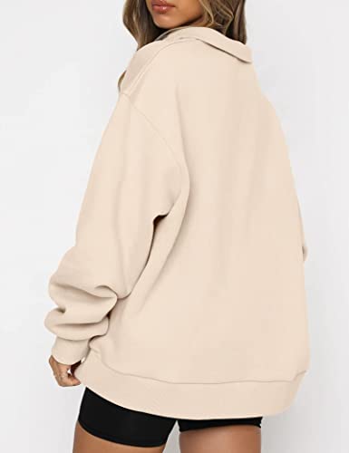 Famulily Ladies Oversized 1/4 Zipper Pullover Sweatshirt Long Sleeve Stand Collar Autumn Thermal Hoodie Tops Beige XL