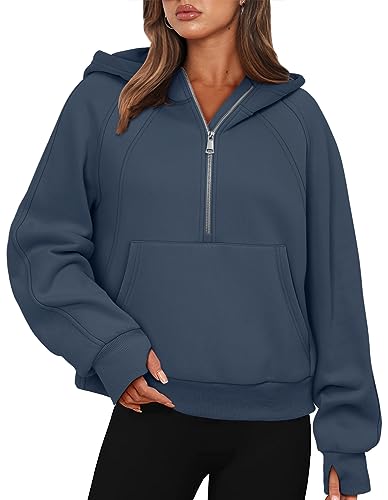 KISSMODA Cropped Half Zip Hoodies for Women Ladies Ribbed Sweatshirts Stand Up Collar with Pocket
