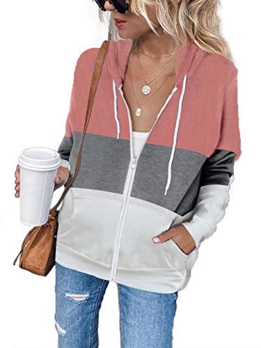 iChunhua Womens Striped Zip up Hoodies Long Sleeve Hooded Sweatshirts Workout Tops with Pockets Pink Medium