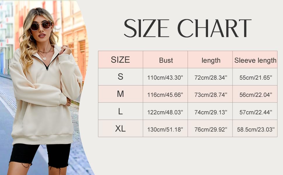 Famulily Ladies Oversized 1/4 Zipper Pullover Sweatshirt Long Sleeve Stand Collar Autumn Thermal Hoodie Tops Beige XL