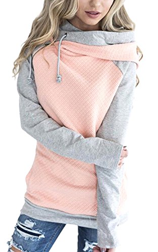 Womens Hoodies Long Sleeve Jumper Colorblock High Neck Sweatshirt Pullover Sweater Coat with Pocket Pink L