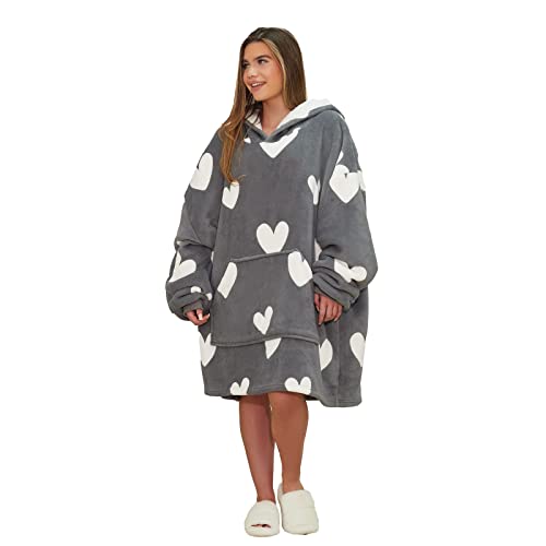 Dreamscene Snuggle Hoodie Women Grey Hearts, Oversized Blanket Hoodie Women Soft Warm Fleece Wearable Blanket Hoodie for Girls Fluffy Sherpa Lined