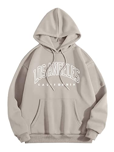 GORGLITTER Women's Letter Graphic Drawstring Hoodie Long Sleeve Thermal Sweatshirt Pullover Tops with Pocket Beige M