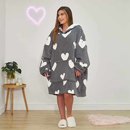 Dreamscene Snuggle Hoodie Women Grey Hearts, Oversized Blanket Hoodie Women Soft Warm Fleece Wearable Blanket Hoodie for Girls Fluffy Sherpa Lined