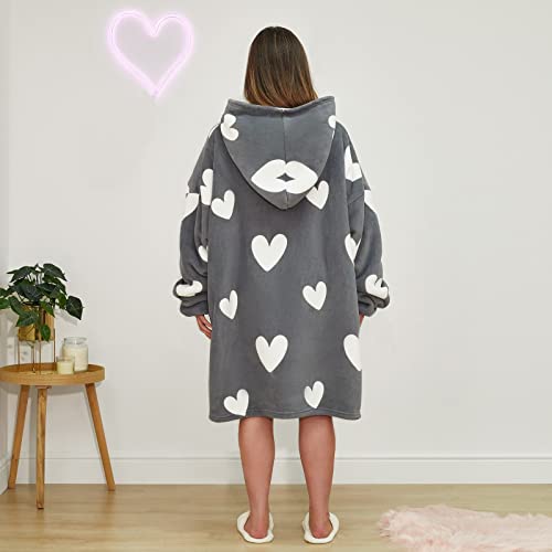 Dreamscene Snuggle Hoodie Women Grey Hearts, Oversized Blanket Hoodie Women Soft Warm Fleece Wearable Blanket Hoodie for Girls Fluffy Sherpa Lined