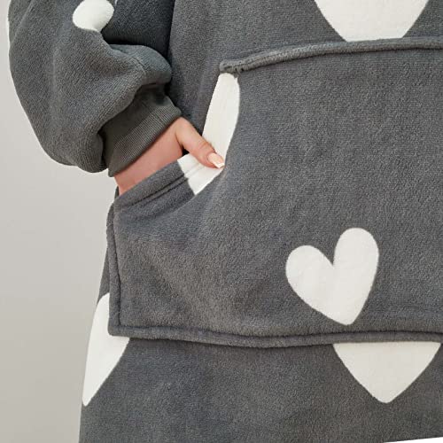 Dreamscene Snuggle Hoodie Women Grey Hearts, Oversized Blanket Hoodie Women Soft Warm Fleece Wearable Blanket Hoodie for Girls Fluffy Sherpa Lined
