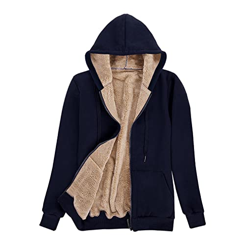 Voqeen Womens Plain Hoodie Winter Warm Sherpa Lined Zip Up Hooded Sweatshirt Jacket Coat Cosy Soft Fleece Blanket with Pocket Navy