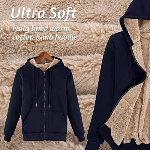 Voqeen Womens Plain Hoodie Winter Warm Sherpa Lined Zip Up Hooded Sweatshirt Jacket Coat Cosy Soft Fleece Blanket with Pocket Navy