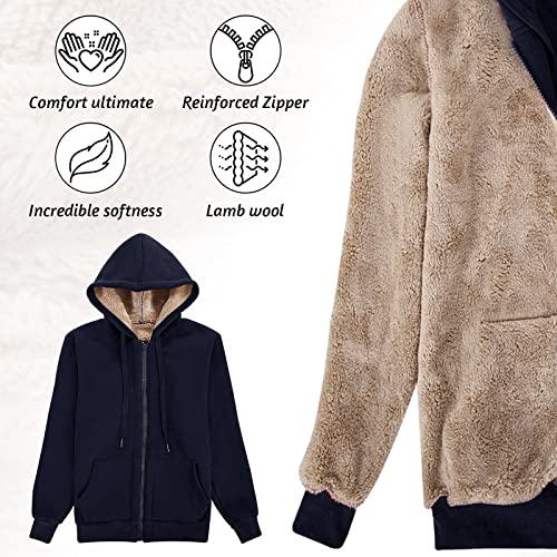 Voqeen Womens Plain Hoodie Winter Warm Sherpa Lined Zip Up Hooded Sweatshirt Jacket Coat Cosy Soft Fleece Blanket with Pocket Navy