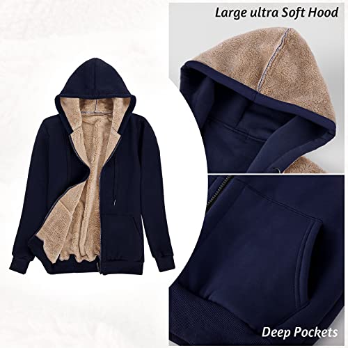 Voqeen Womens Plain Hoodie Winter Warm Sherpa Lined Zip Up Hooded Sweatshirt Jacket Coat Cosy Soft Fleece Blanket with Pocket Navy