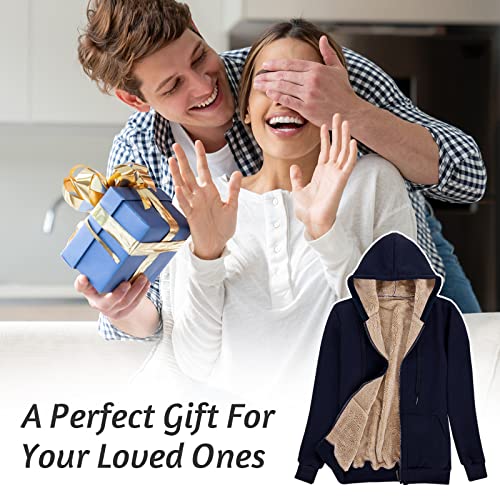 Voqeen Womens Plain Hoodie Winter Warm Sherpa Lined Zip Up Hooded Sweatshirt Jacket Coat Cosy Soft Fleece Blanket with Pocket Navy
