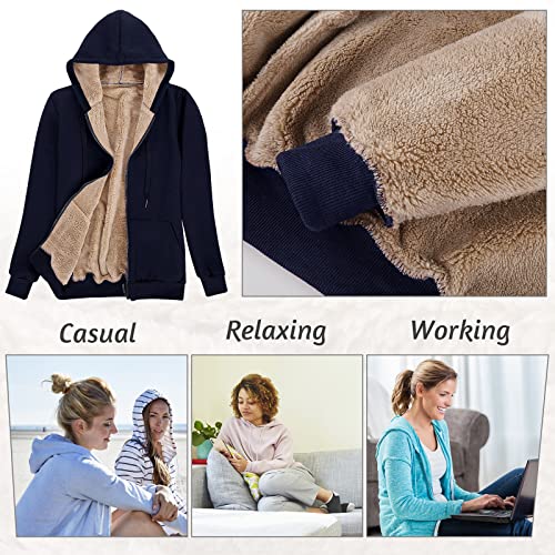 Voqeen Womens Plain Hoodie Winter Warm Sherpa Lined Zip Up Hooded Sweatshirt Jacket Coat Cosy Soft Fleece Blanket with Pocket Navy