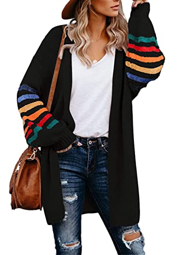 AlvaQ Womens Winter Balloon Sleeve Long Rainbow Cardigans Oversized Loose Patchwork Cable Long Sleeve Warm Knitted Coat Sweater 2023,Black UK 10-12