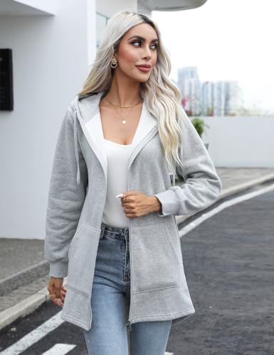 Vancavoo Hoodie Womens Long Hoodies Ladies Sweatshirts Casual Long Sleeves Zip Up Hoodie Plain Sweatshirt Plus Size Tops Shirt Pullover Warm Cardigans Autumn Jumper Jacket with Pockets(Light Gray,M)