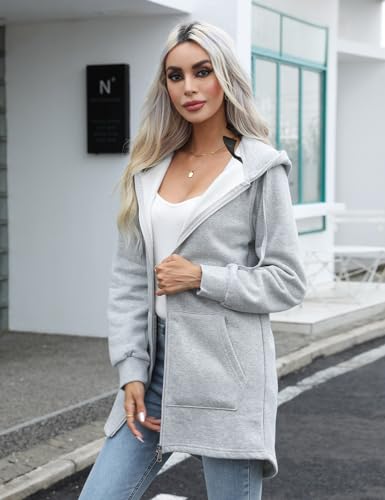 Vancavoo Hoodie Womens Long Hoodies Ladies Sweatshirts Casual Long Sleeves Zip Up Hoodie Plain Sweatshirt Plus Size Tops Shirt Pullover Warm Cardigans Autumn Jumper Jacket with Pockets(Light Gray,M)