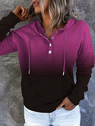 KISSMODA Solid Color Casual Hoodie Sweatshirt Drawstring Soft Cotton Pullover Long Sleeve Hooded Tops Sweatshirt for Women with Pocket Gradient Rose XLarge