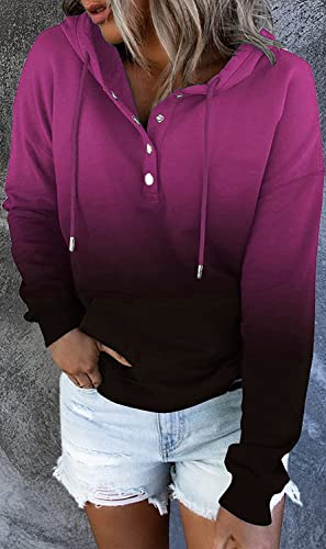 KISSMODA Solid Color Casual Hoodie Sweatshirt Drawstring Soft Cotton Pullover Long Sleeve Hooded Tops Sweatshirt for Women with Pocket Gradient Rose XLarge