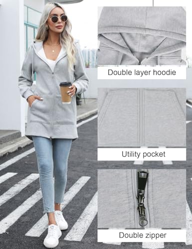 Vancavoo Hoodie Womens Long Hoodies Ladies Sweatshirts Casual Long Sleeves Zip Up Hoodie Plain Sweatshirt Plus Size Tops Shirt Pullover Warm Cardigans Autumn Jumper Jacket with Pockets(Light Gray,M)